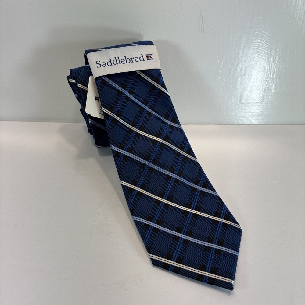 NWT Saddlebred 3X58 Inch Blue Silver Striped Checked Men's Tie Necktie Silk